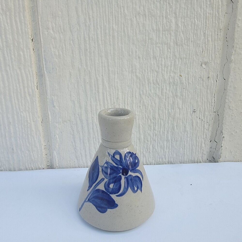 Vintage Williamsburg Pottery Inkwell Bud Vase Salt-Glazed Cobalt Blue Leaf 3.5”